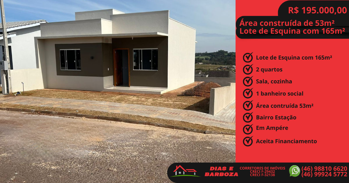 Lote de esquina com 165m e casa de 53m, localizado no bairro Estao em Ampre