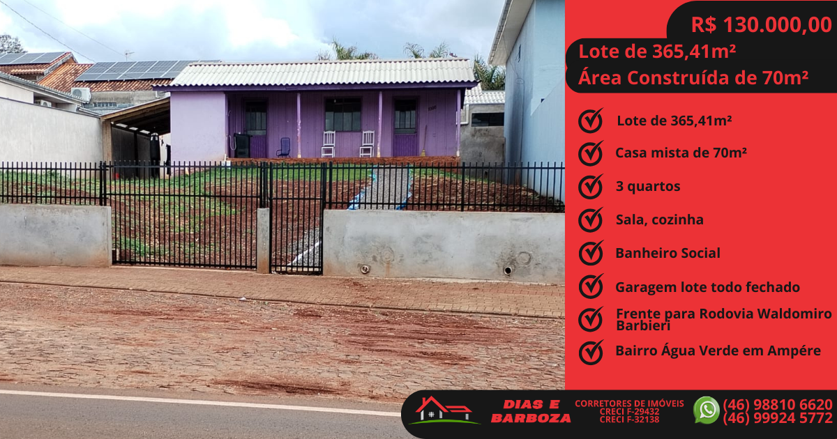 Lote de 365,41m e rea construda de 70m, localizado no bairro gua verde em A